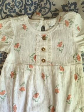 Nicole Miller 2PC White Cotton Blend Baby Romper with Peach Floral Print 12M